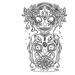 Sugar Skull Girl Vector Line Art Illustration