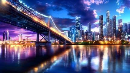 Naklejka premium Night Cityscape Bridge Reflection - Vibrant Color Palettes