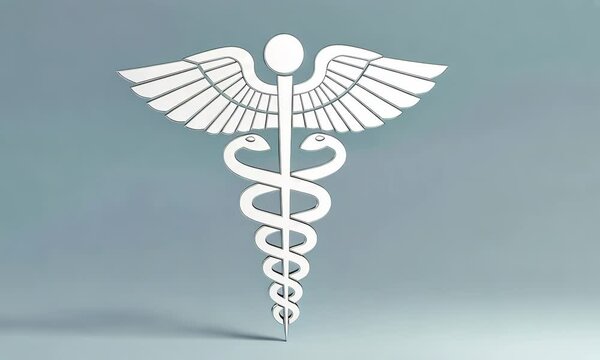 White medical caduceus symbol with two snakes and wings
