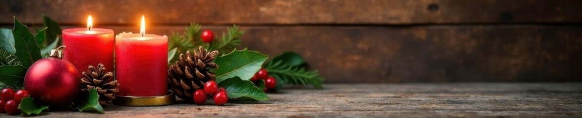 Elegant Christmas decor against a rustic wooden background with candles, pinecones and holly, holly, seasonal motifs , Christmas decorations