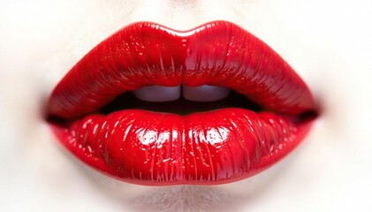 Obraz premium Close-up vibrant red lipstick on pure white backdrop, studio lighting, beauty product