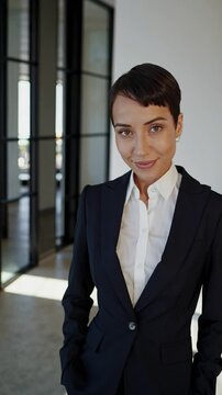 Confident businesswoman smiling into camera, vertical video portrait for leadership and empowerment, vertical video
