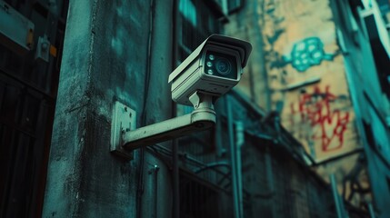 Urban surveillance camera mounted on wall in a gritty alleyway setting