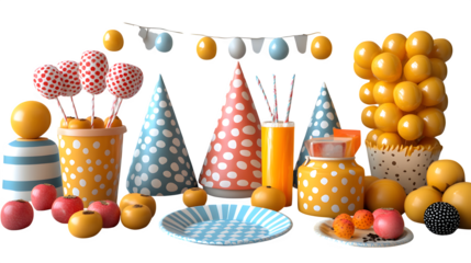 Kids birthday setup with cartoon plates, hats, and juice box, photorealistic, isolated on white background