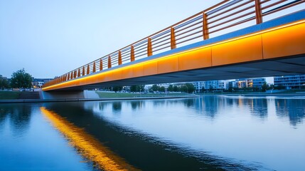 Illuminated Orange Bridge over Calm Water - Modern Architecture