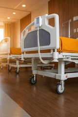 Modern hospital room with medical beds featuring orange bedding, wooden flooring, and warm lighting, representing healthcare, treatment, recovery, and medical facilities