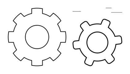 Two outlined gears, one large and one small, symbolizing coordination, efficiency, and partnership. Ideal for teamwork, mechanics, industry, precision support cooperation flat simple metaphor