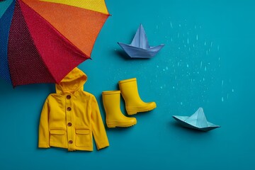 A vibrant composition, depicting playful imagery, bright colors of an umbrella, raincoat, boots, and origami boats, conjuring the spirit of childhood adventure.