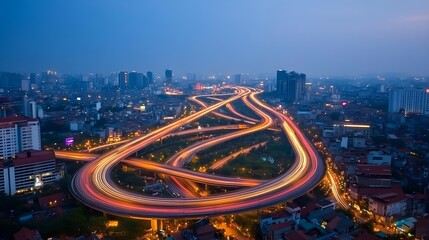 Night City Highway Interchange, Traffic Lights - Aerial cityscapes