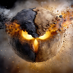 Exploding sphere of dark and brown rock with glowing eyes bursts apart with fiery energy.