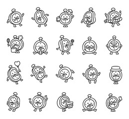 Cute cartoon clock character set includes multiple with different emotions, funny poses, useful objects, charming accessories, and playful themes for illustration and creative design projects