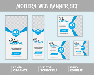 Modern web banner set with blue accents, vector design, fully editable, for new arrivals, promotions, product launch, 40% discount, customizable size and layout options.
