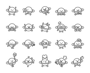Saturn character set showing cute emotions and activities like reading, sleeping, holding flowers, sending letters, hugging hearts, and celebrating moments happily for your projects
