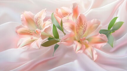 Fototapeta premium Pastel alstroemeria flowers on sheer fabric background. illustration