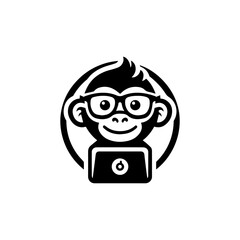 Naklejka premium Smart Monkey Icon: A stylized monochrome depiction of a clever monkey wearing glasses, embodying wit and intelligence, perfect for conveying knowledge and insight.