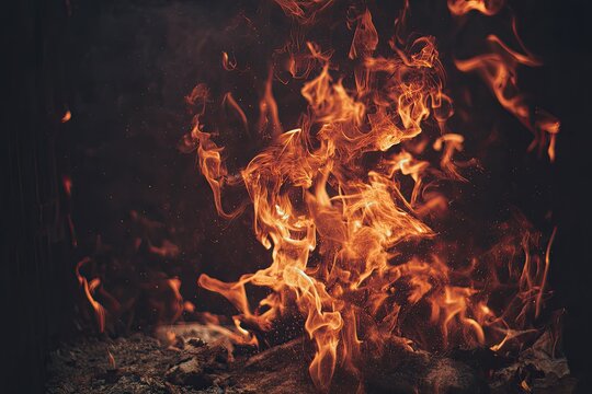 Fiery flames in dark