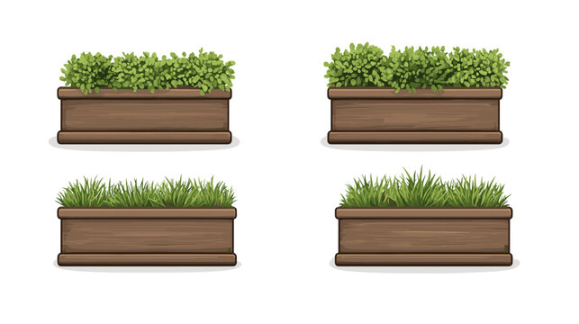 Four Brown Wooden Planters with Green Plants Pixel Art