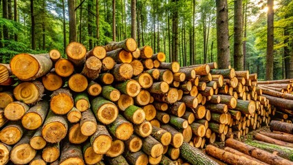 pile of cut tree trunks and branches arranged together in a forest as an abstract background