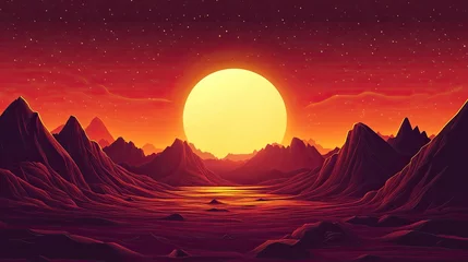 Fototapete Surreal vista of ochre sun towering over mountainous alien terrain landscape © yo