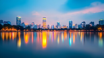 Obraz premium Night Cityscape Reflection, Urban Skyline - Vibrant colors