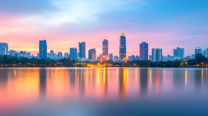 Obraz premium Cityscape Reflection Sunset Skyline - Vibrant cityscapes: The image.