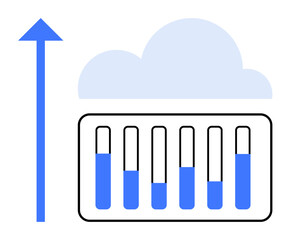 Blue upward arrow beside cloud and growth bar chart indicating scalable progress. Ideal for business analytics, cloud storage, performance tracking, data growth, innovation, technology strategy