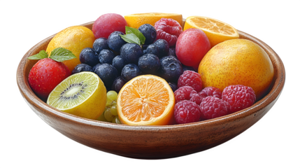 fruit bowl with mixed fruits isolated on white background, high-definition, realistic look