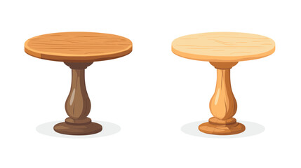 Two Wooden Pedestal Tables: Brown and Beige Round Tables on White Background