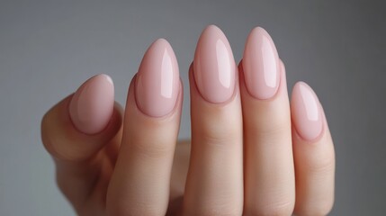 Close-up of manicured nails with a light pink, glossy, almond-shaped nail polish.  Elegant, feminine, and well-maintained hands.  Perfect for a spa or salon.  .