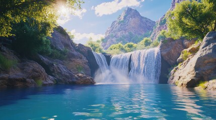 Scenic splendor of a cascading waterfall against a majestic mountain backdrop