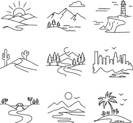 Mountain, Trees, and Hill Landscape Silhouettes | Minimal Nature Art Scenic Landscape Silhouette Set | Nature View Vector Collection