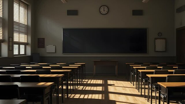 Rays of light falling to the empty classroom with chalkboard and rows of desks with chairs. Break at abandoned school disturbing mood. Slider shot 4k video footage