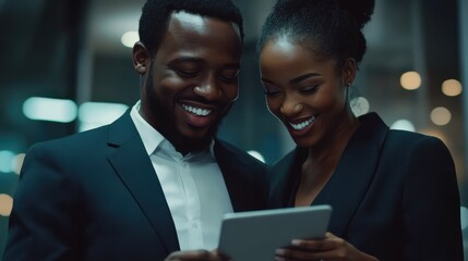 Smiling young african american professional businessman and businesswoman together working online with a digital tablet in office