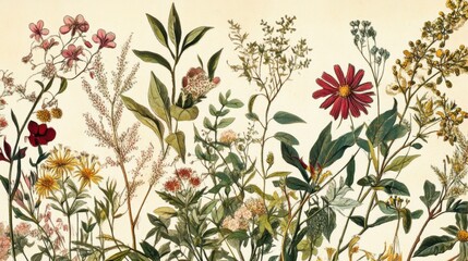 A sheet of antique botanical lithography of the 1890s-1900s with images of plants. Copyright has expired on this artwork. Digitally restored. illustration