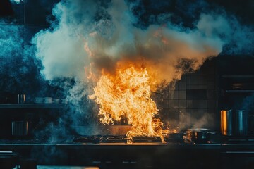Flames engulf a stovetop amid smoke and cookware in a professional kitchen. Use to illustrate cooking mishaps, hazards, or intense culinary environments.