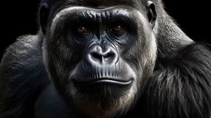 Obraz premium A silverback gorilla portrait, intense gaze, black background, monochrome fine art style, detailed skin and fur texture, dramatic lighting,Generative Ai 