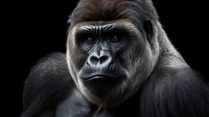 Obraz premium A silverback gorilla portrait, intense gaze, black background, monochrome fine art style, detailed skin and fur texture, dramatic lighting,Generative Ai 