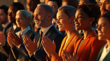 A diverse group of individuals enthusiastically applauding together, expressing their appreciation and support, Team members giving a standing ovation during a presentation, AI Generated