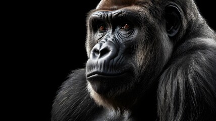 Obraz premium A silverback gorilla portrait, intense gaze, black background, monochrome fine art style, detailed skin and fur texture, dramatic lighting,Generative Ai 