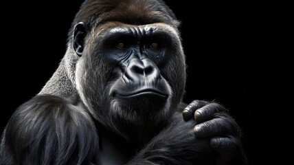 A silverback gorilla portrait, intense gaze, black background, monochrome fine art style, detailed skin and fur texture, dramatic lighting,Generative Ai
