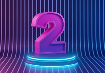 Number two neon light purple pink background podium stage glowing lines futuristic rendering illustration