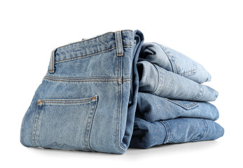 Stack of clean jeans pants isolated on white background