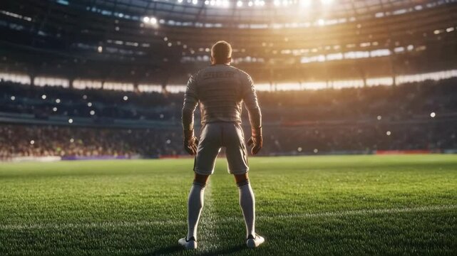 Football player standing in stadium ready for match under bright lights during sunset. Back view goalkeeper