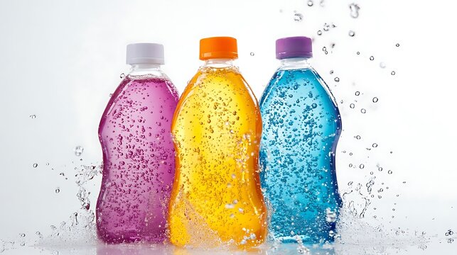 Colorful drinks splash bottles.