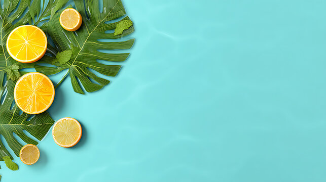 Buon Ferragosto Italy summer festival scene with tropical leaves citrus fruits on a poolside background. Bright seasonal illustration for banner flyer invitation brochure. Banner copy space