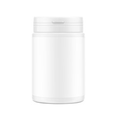 White plastic bottle container with snap-hinge cap. Vector illustration isolated on white background. Front view. Mockup perfect show your product with tamper evident push-on hinged cap. EPS10.