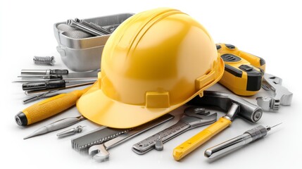 Construction Tools and Yellow Hard Hat on White Background
