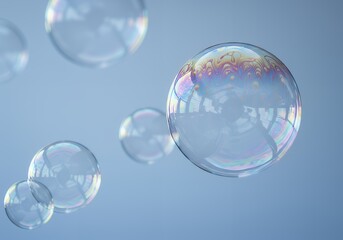 Floating soap bubbles background abstract iridescent spheres light blue backdrop macro photography art design
