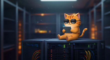 Cartoon orange striped cat uses tablet on server. Futuristic data center with cat in sunglasses. Concept of digital medicine, server maintenance and technology of future.