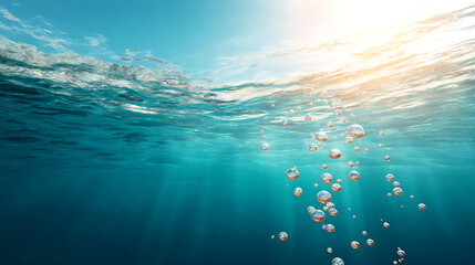 Bubbles rise in a tranquil underwater environment as sunlight breaks through the surface illuminating the water with soft rays that enhance the serene ambiance.  